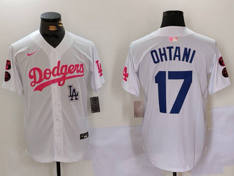 Men Los Angeles Dodgers 17 Ohtani White pink joint name 2024 Nike MLB Jersey style 5